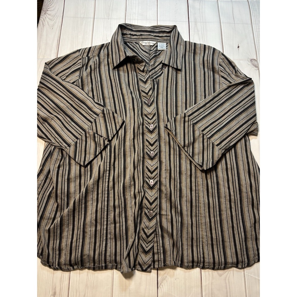 Vintage Quizz Women's Blouse Brown Tan Striped Quarter Sleeve Size 20